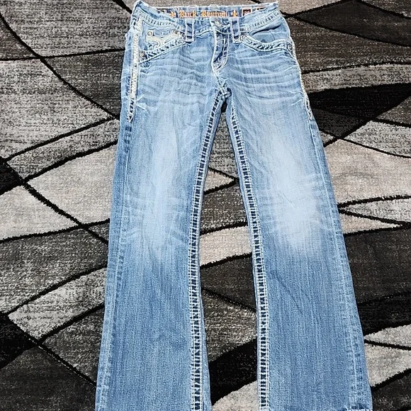 ROCK REVIVAL JARROW EMBROIDERED FLEUR-DE-LIS  FAUX-FLAP BOOT-LEG DENIM JEAN - Picture 11 of 15